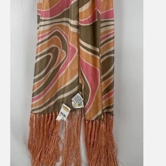 NWT Talbots 100% Silk Green Pink Coral Rectangle Scarf Oblong Mod Retro Fringe - Picture 1 of 3